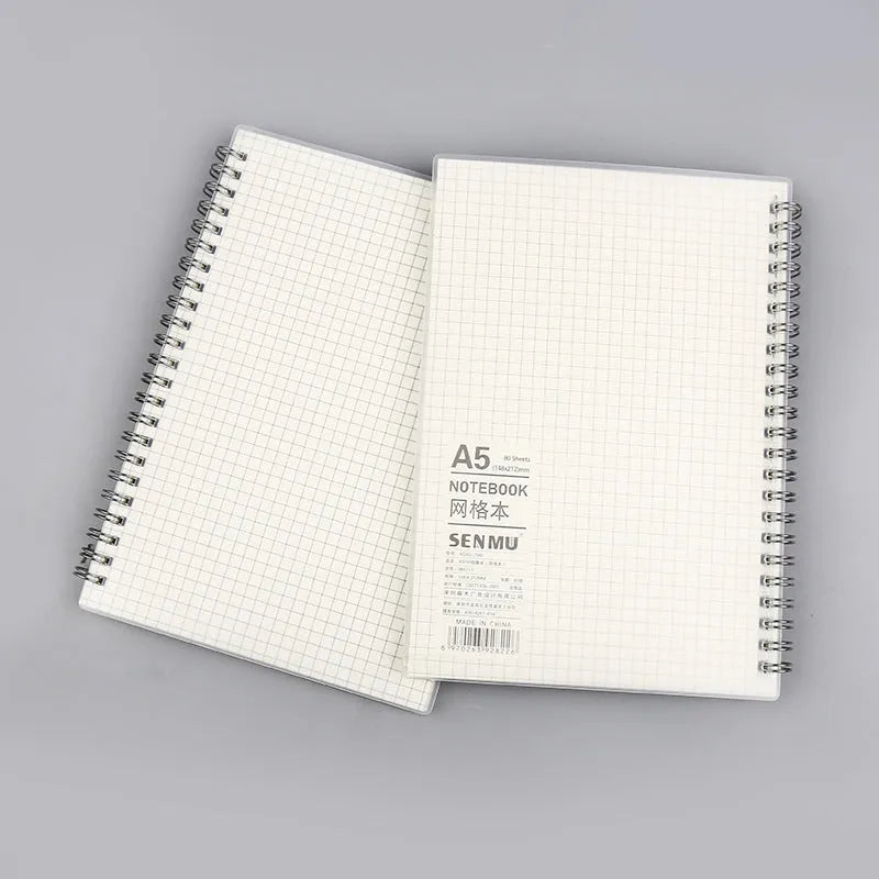 Creative coil notebook with PP matte cover showing multiple layout options including dot grid and horizontal lines