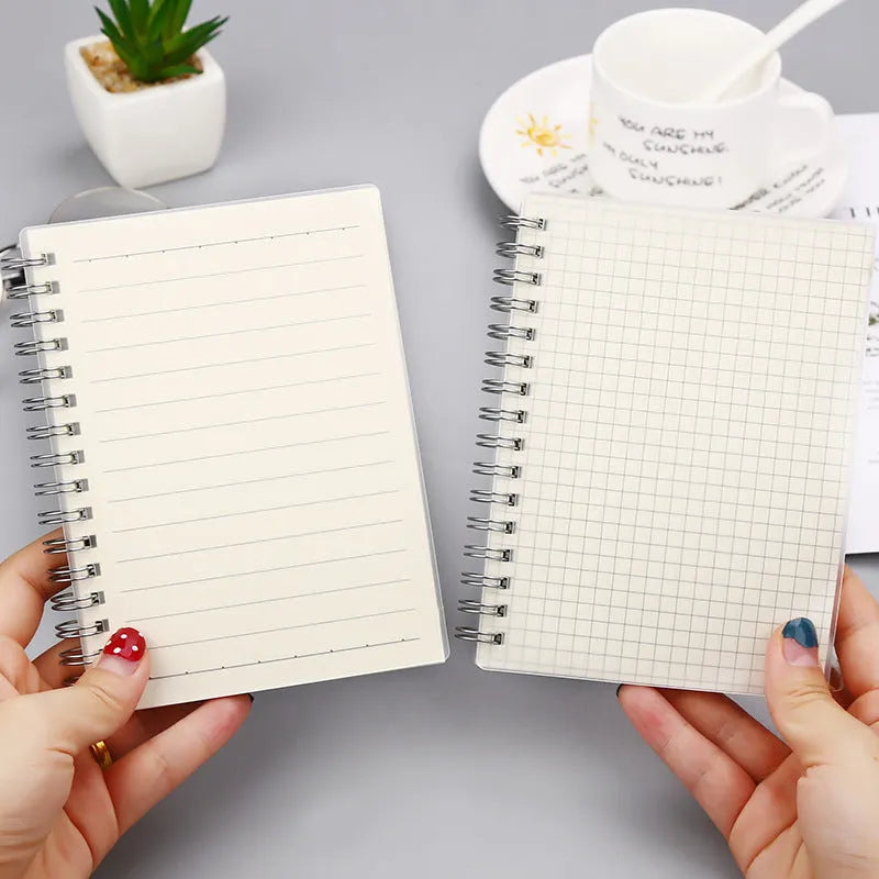 Creative coil notebook with PP matte cover showing multiple layout options including dot grid and horizontal lines