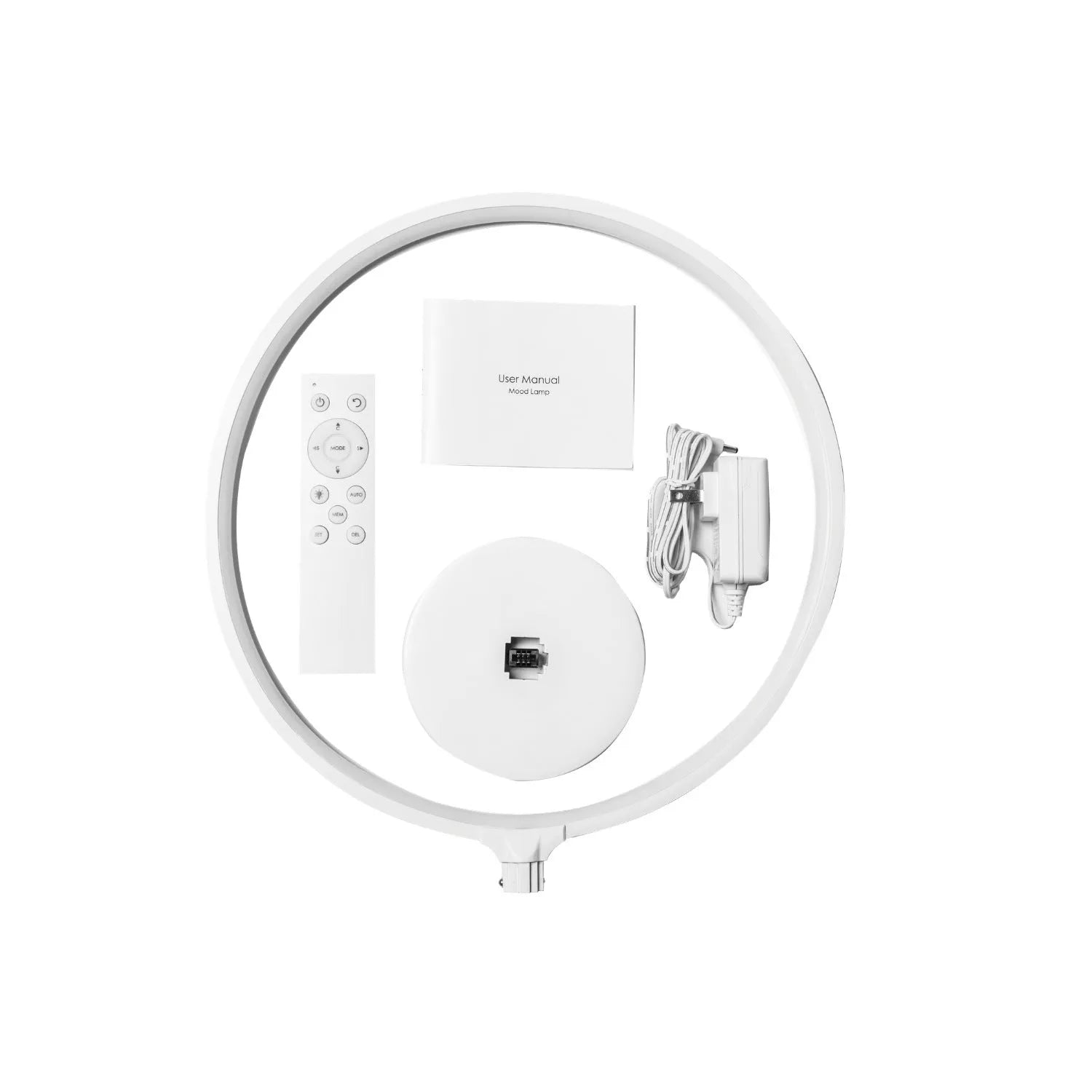 White spherical Full Moon table lamp with remote control on a wooden surface.