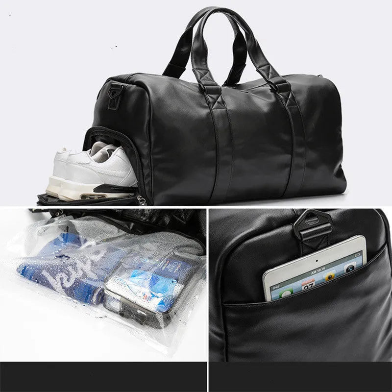 Black large capacity PU leather sports training bag with single strap and multiple internal pockets.