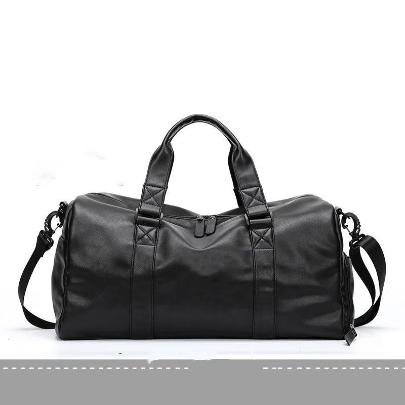 Black large capacity PU leather sports training bag with single strap and multiple internal pockets.