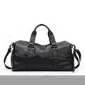 Black large capacity PU leather sports training bag with single strap and multiple internal pockets.