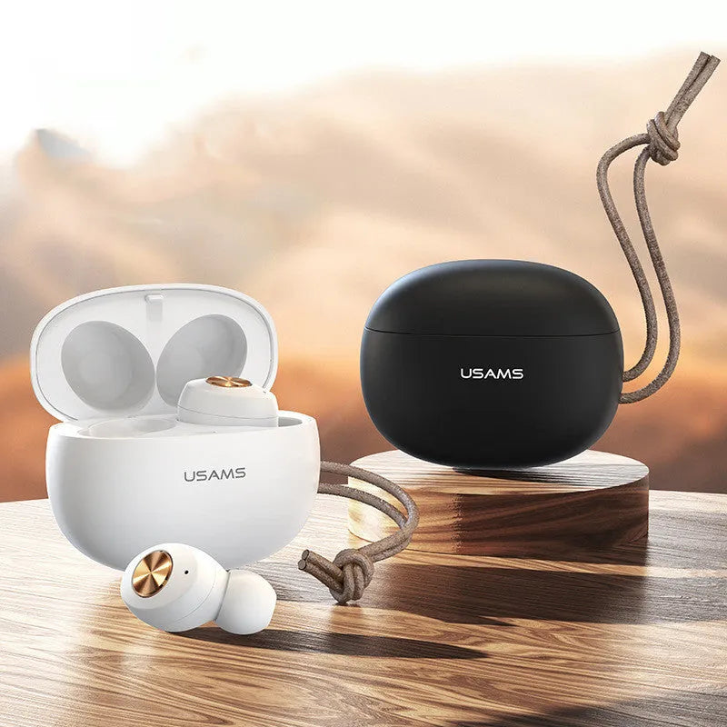 Wireless Bluetooth mini TWS earbuds in black, white, and green with a compact charging case.