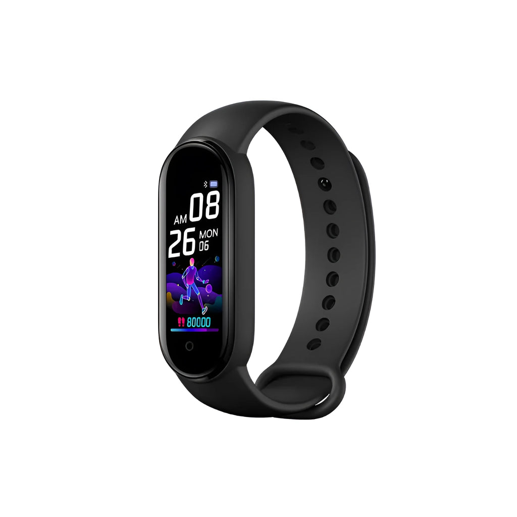 M5 smart bracelet in black showing 0.96-inch screen displaying heart rate data on a wrist.