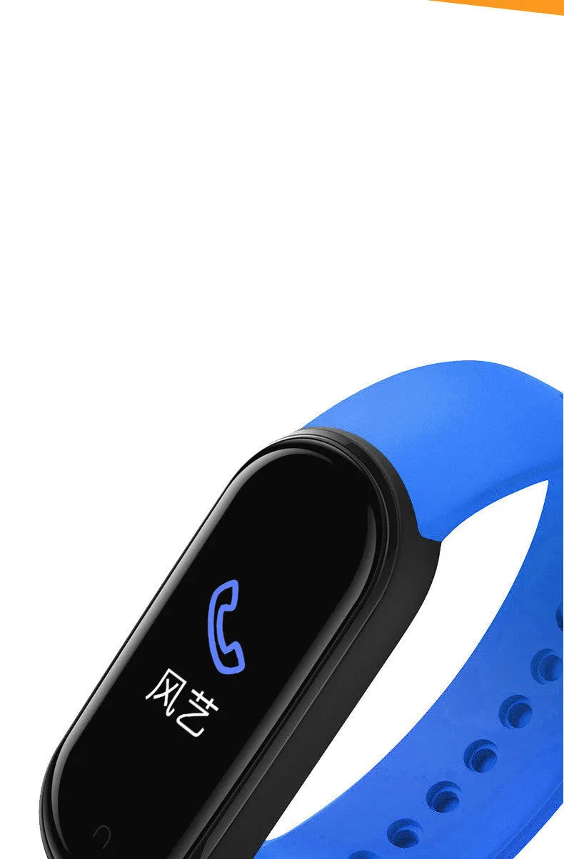 M5 smart bracelet in black showing 0.96-inch screen displaying heart rate data on a wrist.