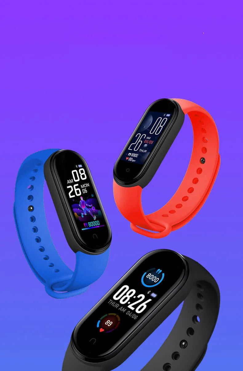 M5 smart bracelet in black showing 0.96-inch screen displaying heart rate data on a wrist.