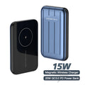 Blue acrylic wireless magnetic power bank for Apple iPhone 12 and 12 Pro showing USB charging port.