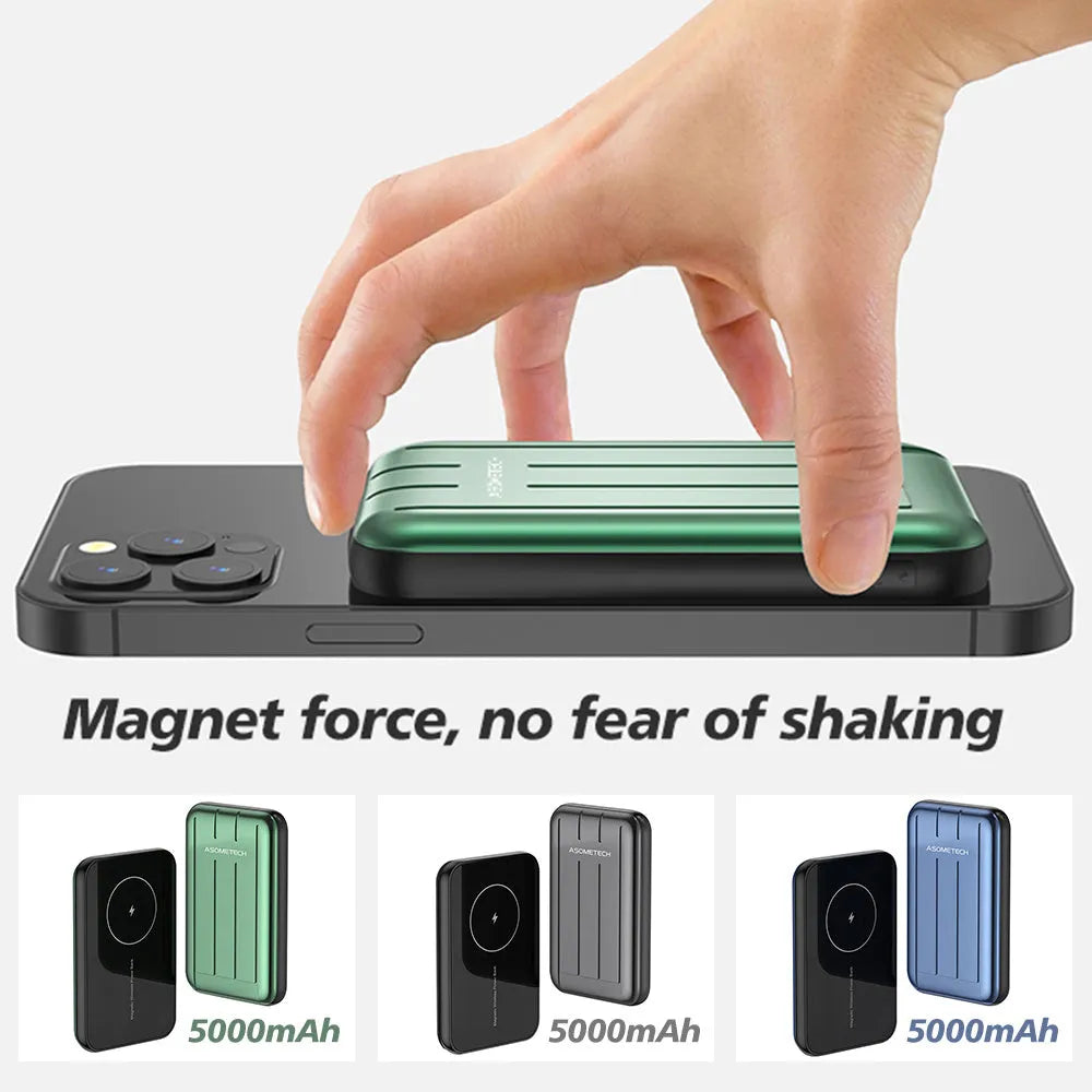 Blue acrylic wireless magnetic power bank for Apple iPhone 12 and 12 Pro showing USB charging port.