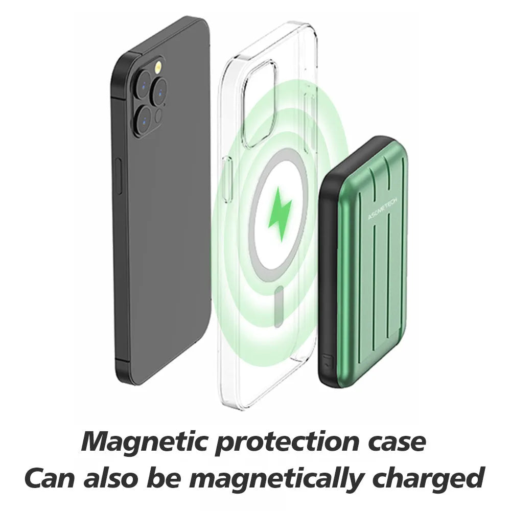 Blue acrylic wireless magnetic power bank for Apple iPhone 12 and 12 Pro showing USB charging port.