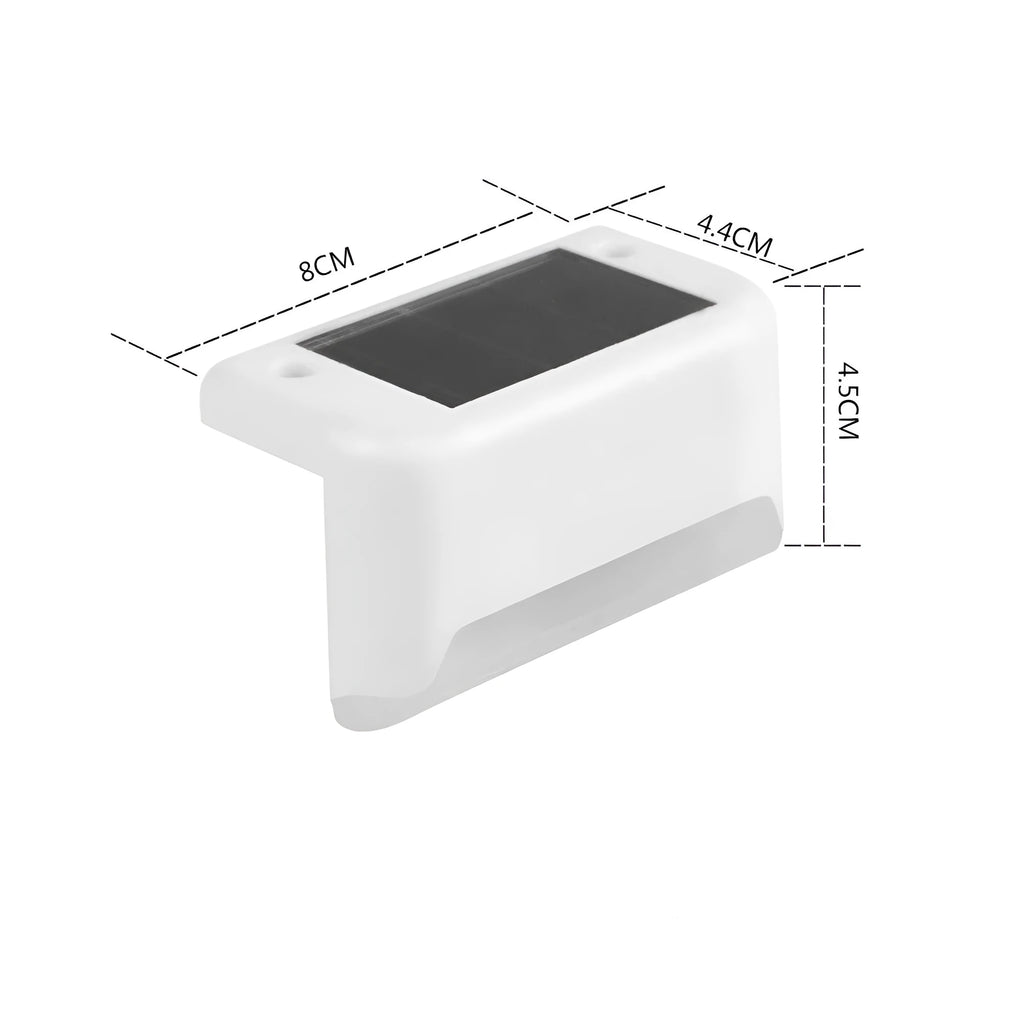 Four white solar railing lights for outdoor steps and fences with IP65 waterproof rating
