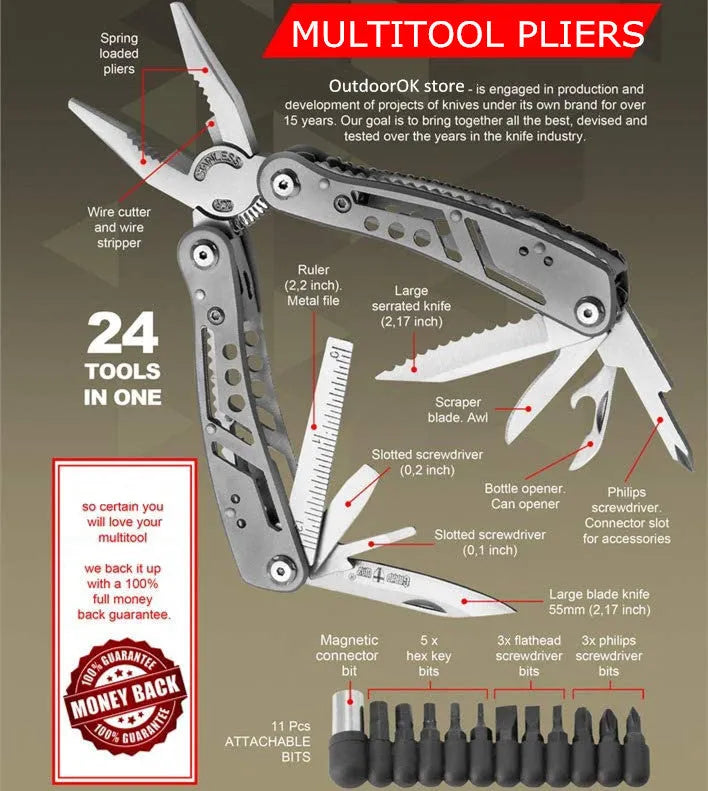 Silver multifunctional folding pliers tool with knife, pliers and bottle opener for camping outdoor use
