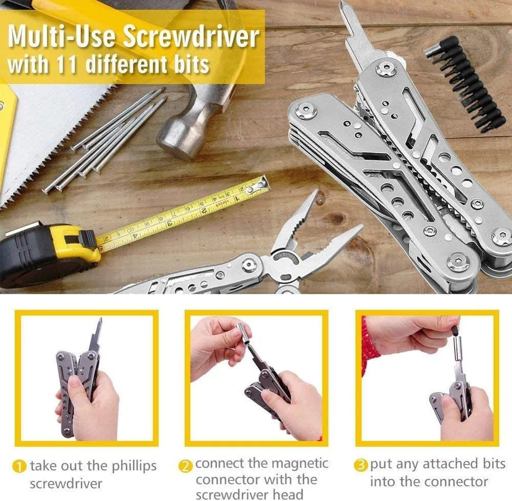 Silver multifunctional folding pliers tool with knife, pliers and bottle opener for camping outdoor use