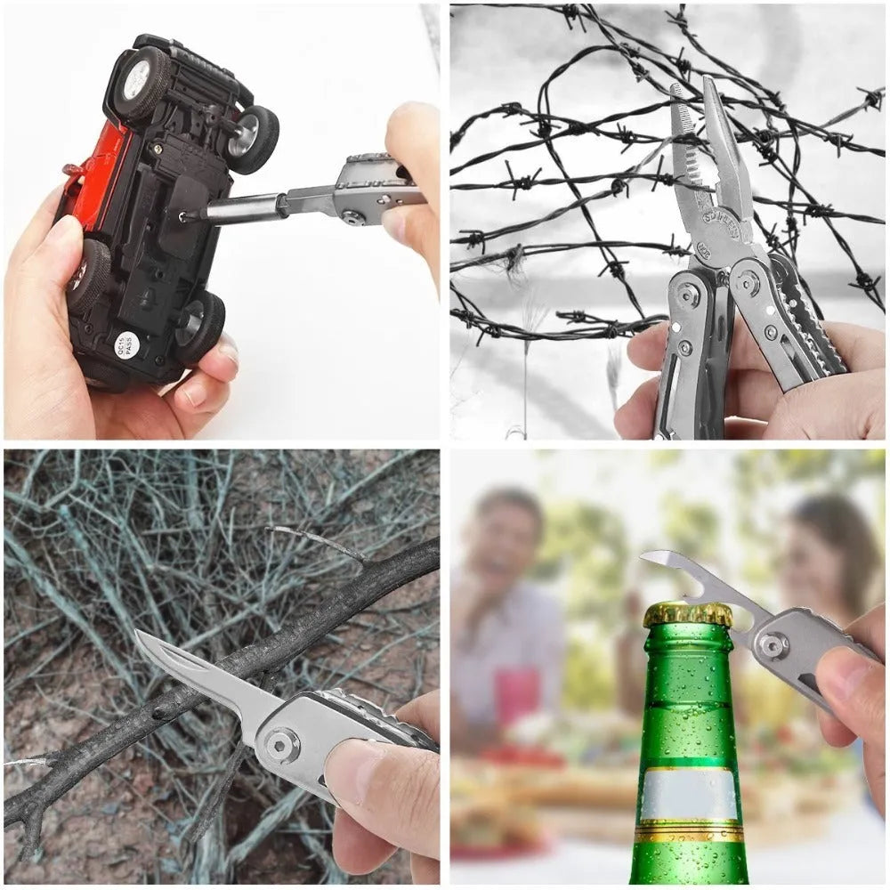 Silver multifunctional folding pliers tool with knife, pliers and bottle opener for camping outdoor use