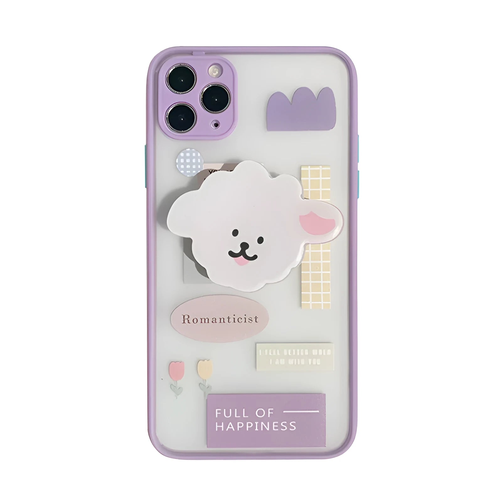Frosted painted TPU mobile phone case with integrated folding bracket, shown in a cartoon design for iPhone.