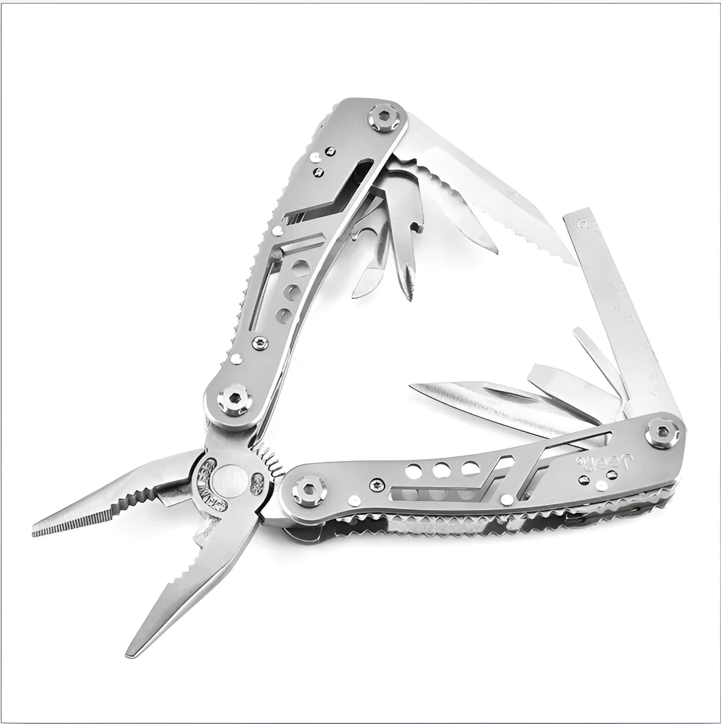 Silver multifunctional folding pliers tool with knife, pliers and bottle opener for camping outdoor use