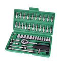 Green plastic case open to show 46-piece alloy steel car repair tool set with ratchet, torque wrench, and sockets.