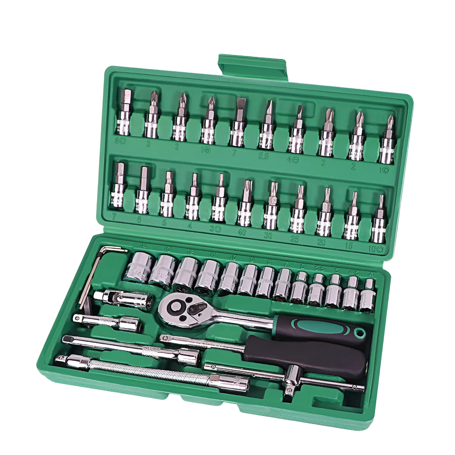 Green plastic case open to show 46-piece alloy steel car repair tool set with ratchet, torque wrench, and sockets.