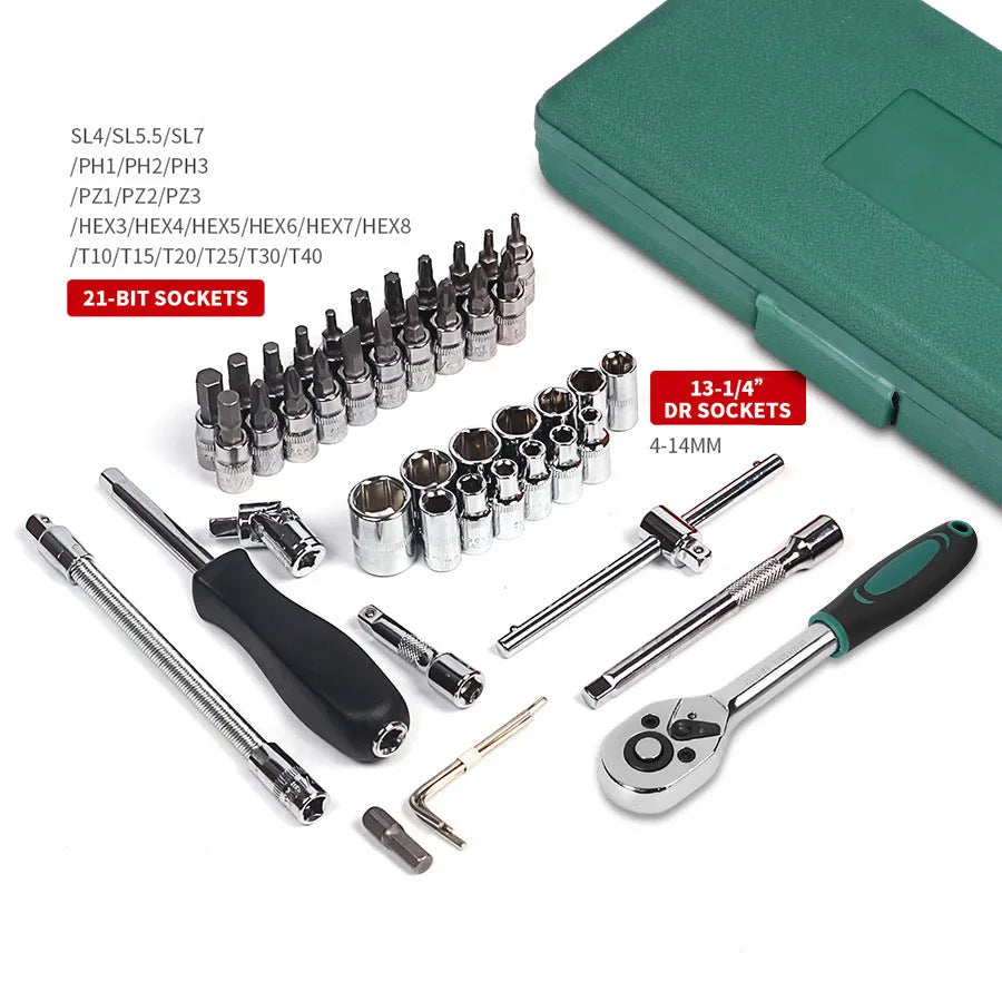 Green plastic case open to show 46-piece alloy steel car repair tool set with ratchet, torque wrench, and sockets.