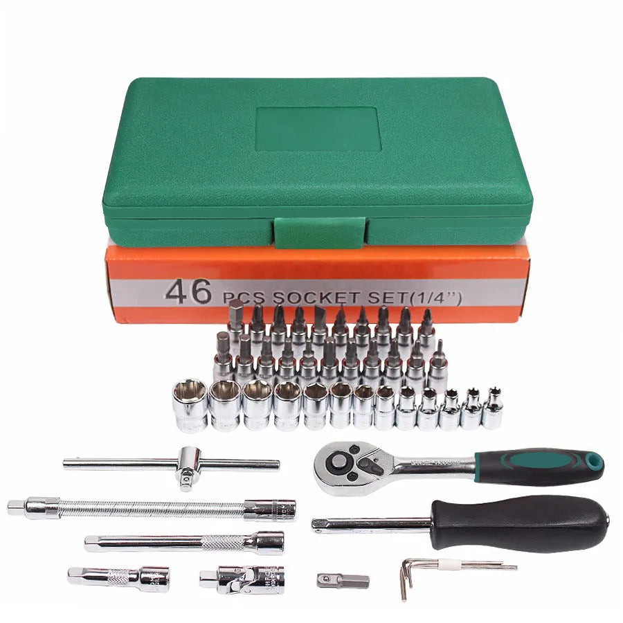 Green plastic case open to show 46-piece alloy steel car repair tool set with ratchet, torque wrench, and sockets.