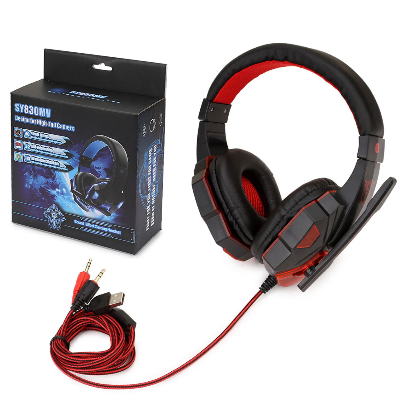 Wired over-ear gaming headset with lights on, showing black and blue colour variant with braided cable and 3.5mm plug