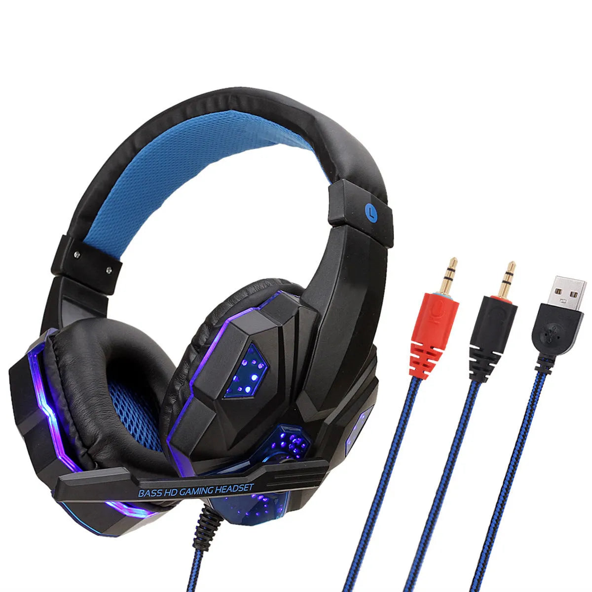 Wired over-ear gaming headset with lights on, showing black and blue colour variant with braided cable and 3.5mm plug