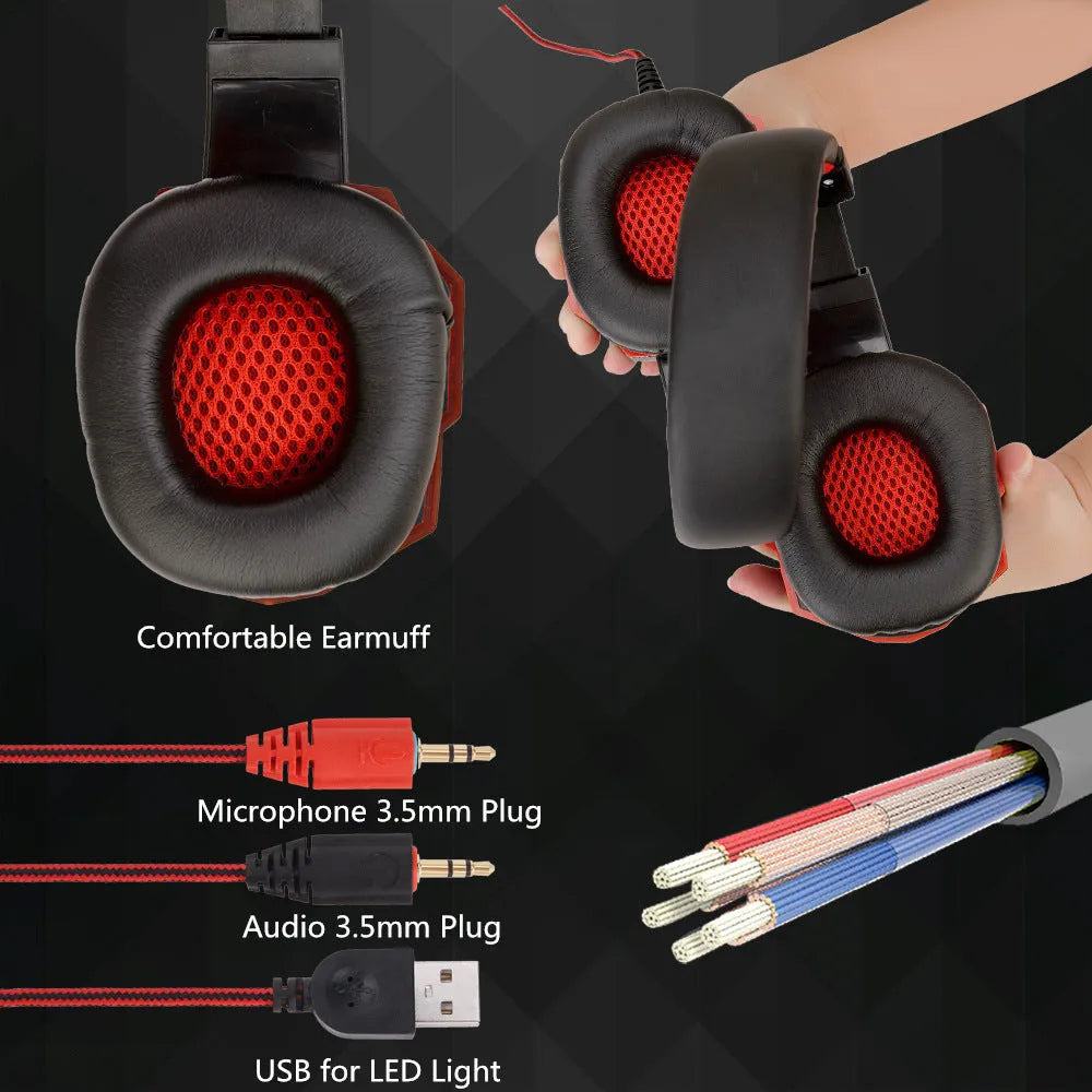 Wired over-ear gaming headset with lights on, showing black and blue colour variant with braided cable and 3.5mm plug