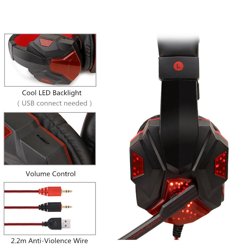 Wired over-ear gaming headset with lights on, showing black and blue colour variant with braided cable and 3.5mm plug