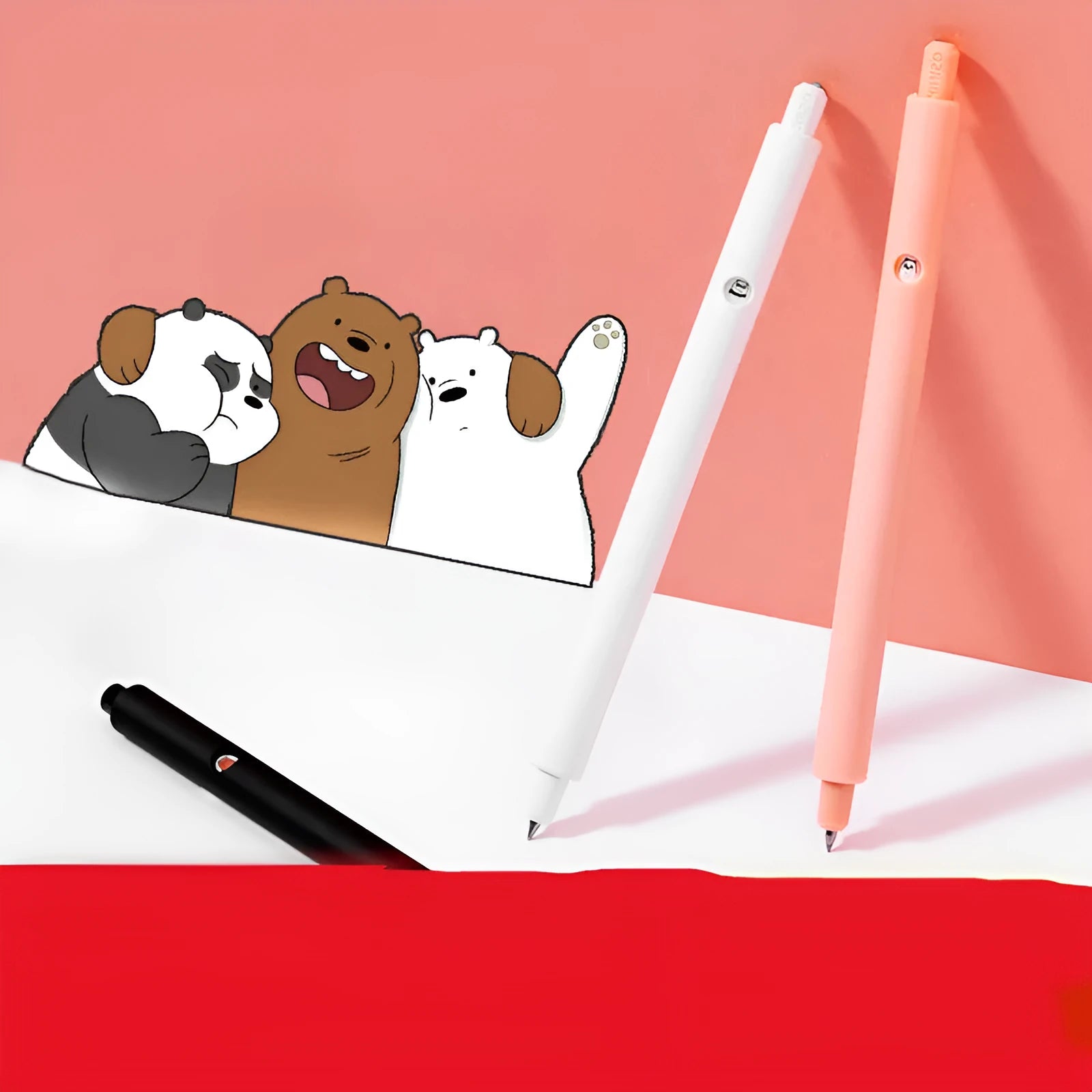 MINISO black sign pen with cartoon bare bear design, a press gel pen with 0.5mm tip.