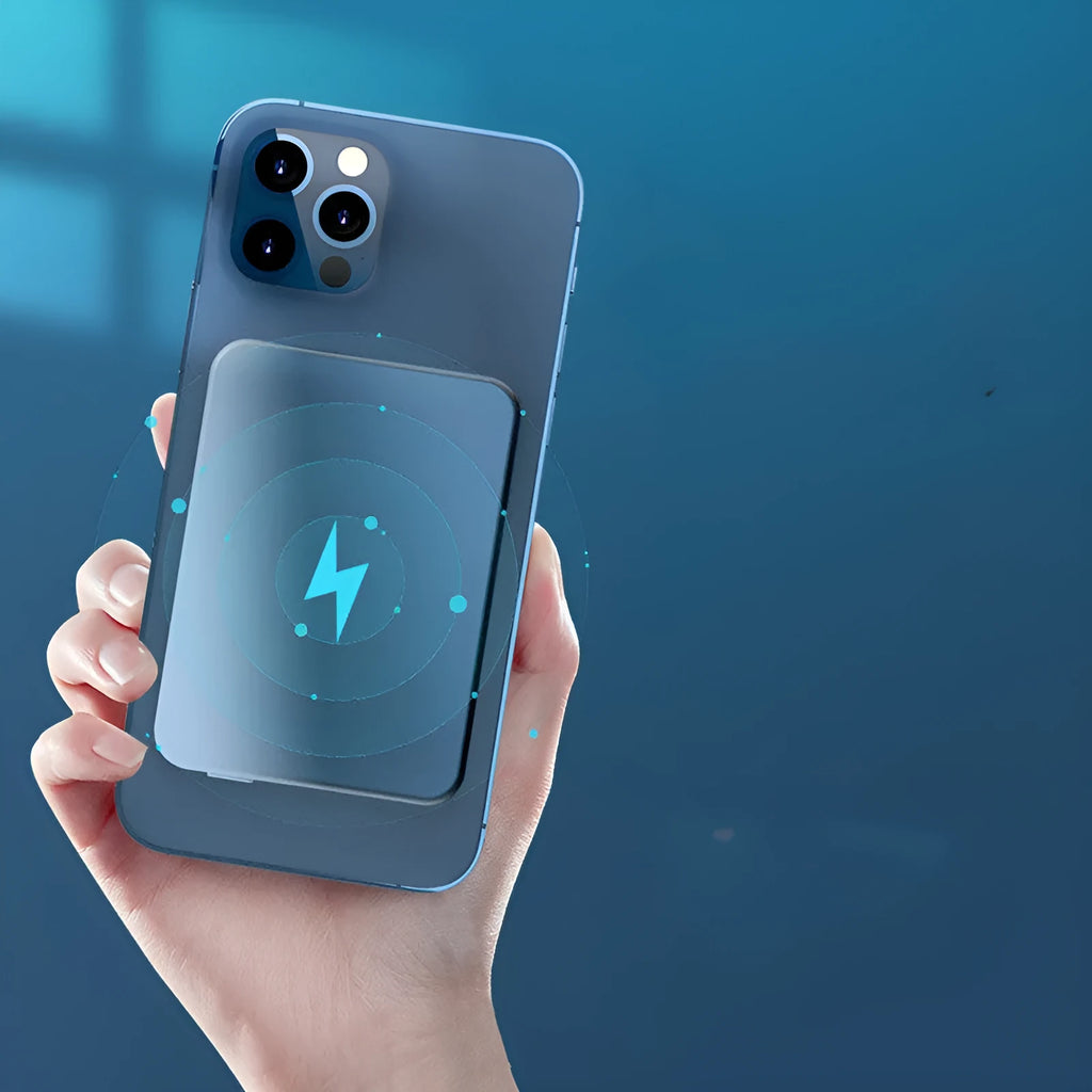 Silver aluminium magnetic wireless charging power bank showing its slim profile.