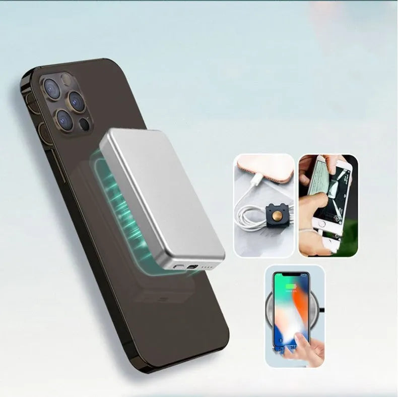 Silver aluminium magnetic wireless charging power bank showing its slim profile.