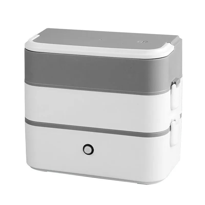 Double-layer portable heated lunch box in pink white, off-white or white green colour with stainless steel liner