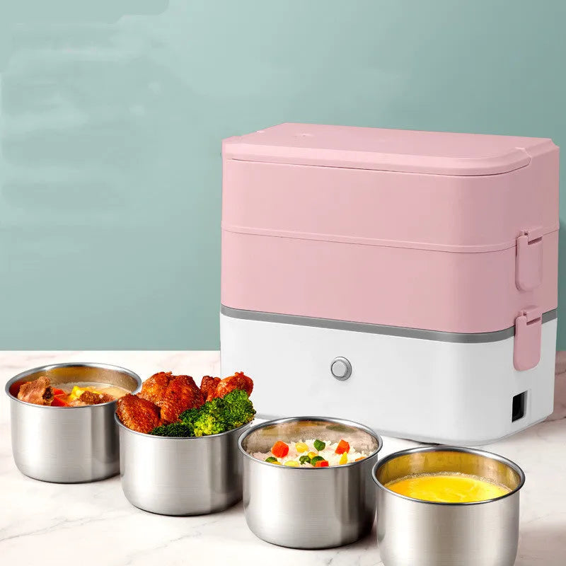 Double-layer portable heated lunch box in pink white, off-white or white green colour with stainless steel liner