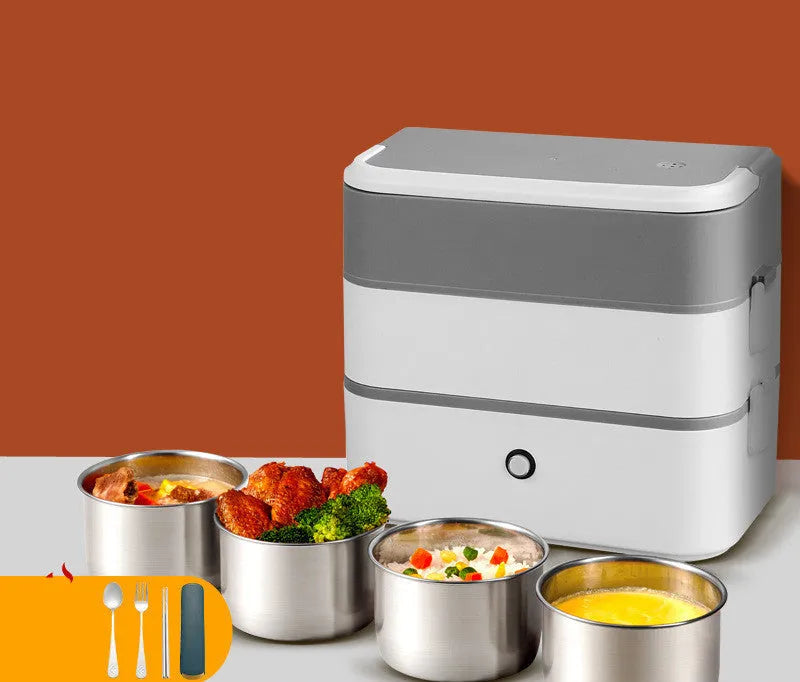 Double-layer portable heated lunch box in pink white, off-white or white green colour with stainless steel liner
