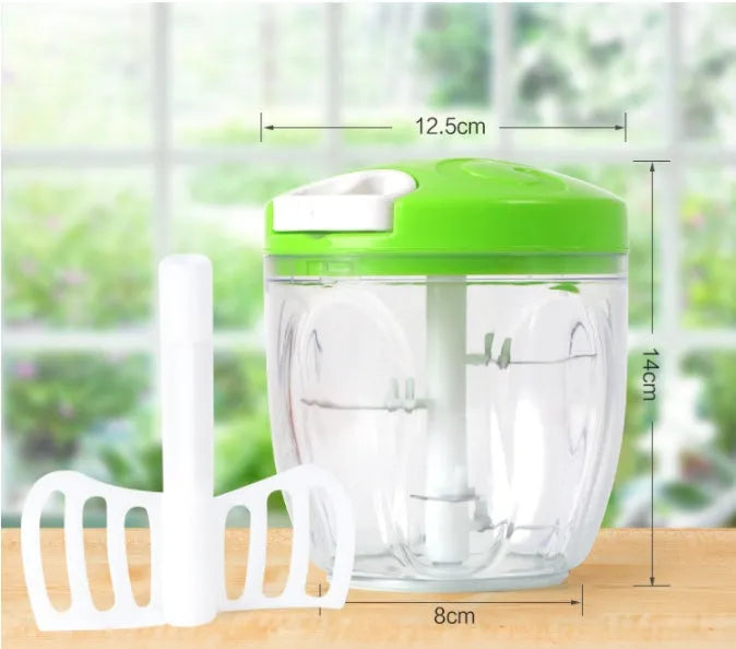 Green manual food chopper with stainless steel blades and 500ml ABS container