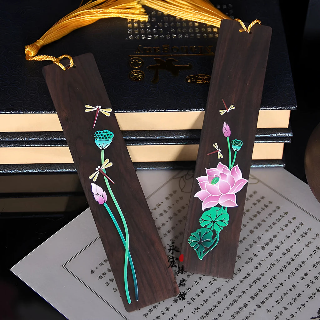 Chinese style painted lotus bookmark with landscape flowers on sandalwood