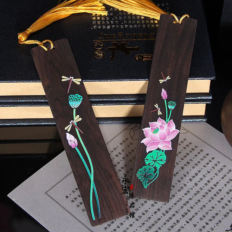 Chinese style painted lotus bookmark with landscape flowers on sandalwood