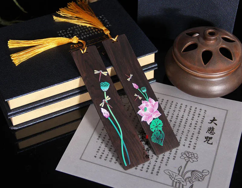 Chinese style painted lotus bookmark with landscape flowers on sandalwood