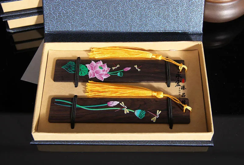 Chinese style painted lotus bookmark with landscape flowers on sandalwood