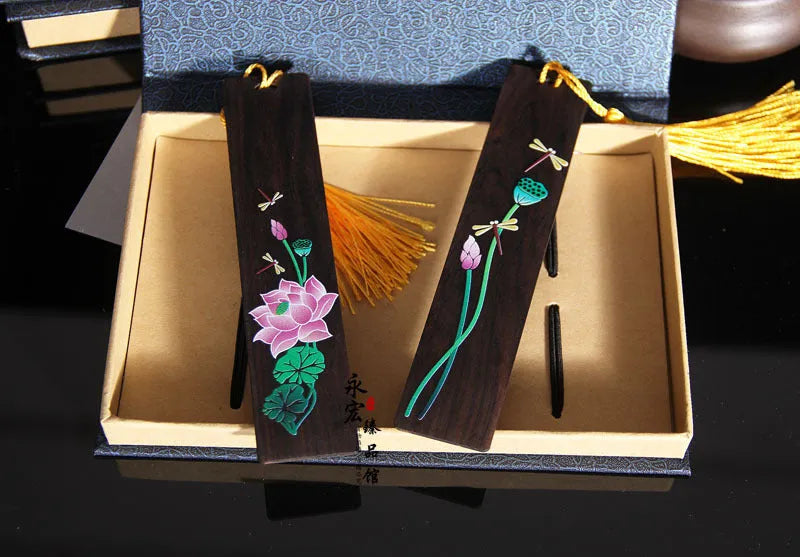 Chinese style painted lotus bookmark with landscape flowers on sandalwood