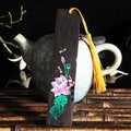 Chinese style painted lotus bookmark with landscape flowers on sandalwood