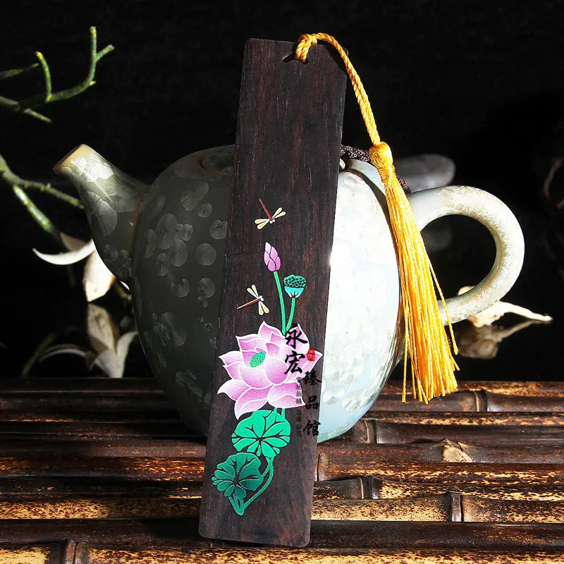 Chinese style painted lotus bookmark with landscape flowers on sandalwood