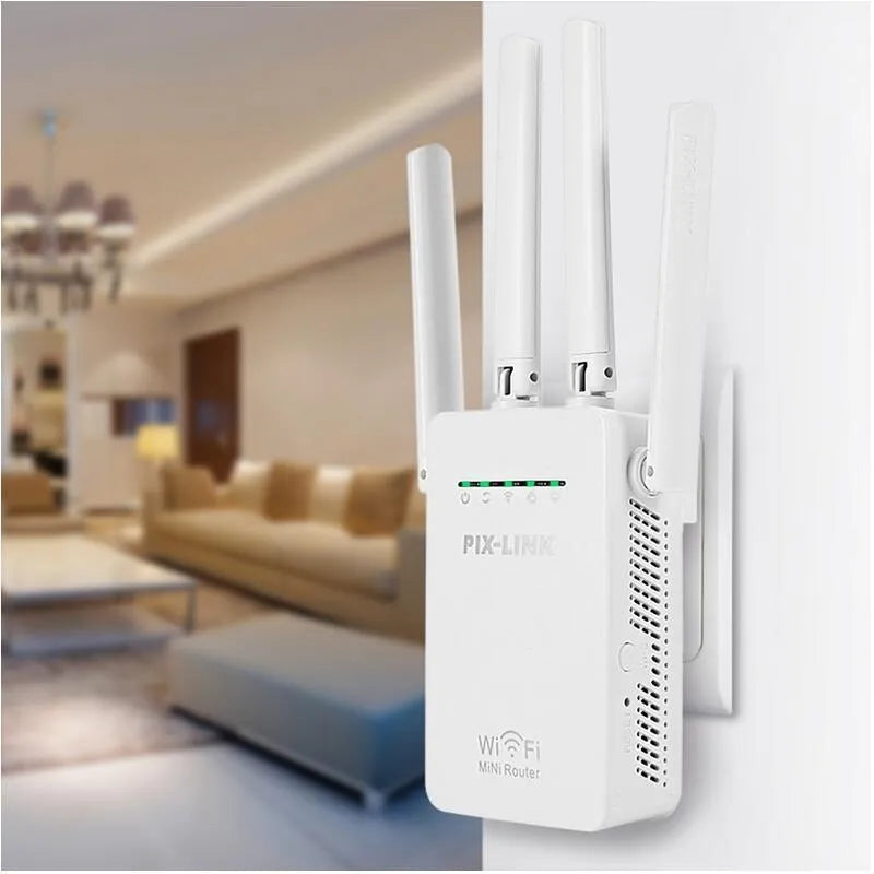 White four antenna wireless router repeater with 300 Mbps speed and lightning protection