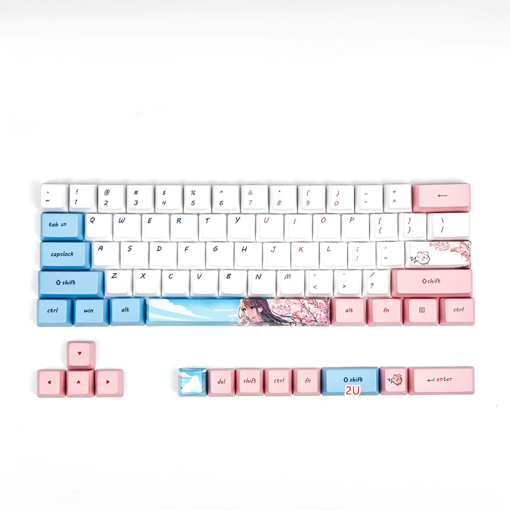 Pink cartoon animation keycaps with cherry blossom design for GK61 mechanical keyboard