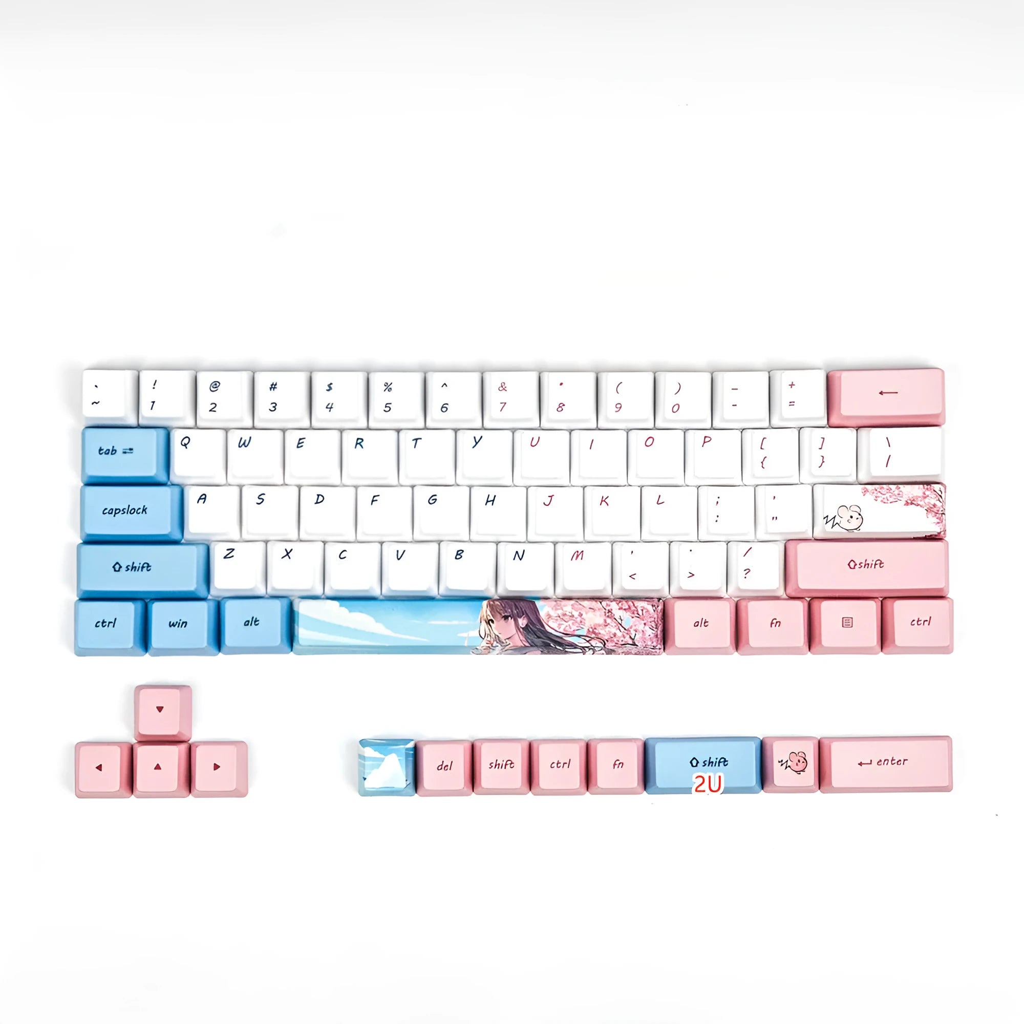 Pink cartoon animation keycaps with cherry blossom design for GK61 mechanical keyboard