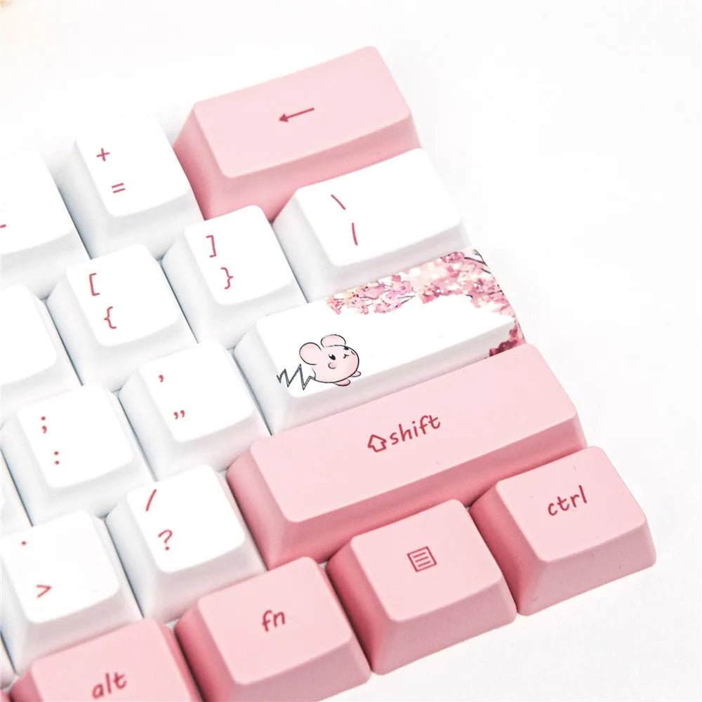 Pink cartoon animation keycaps with cherry blossom design for GK61 mechanical keyboard