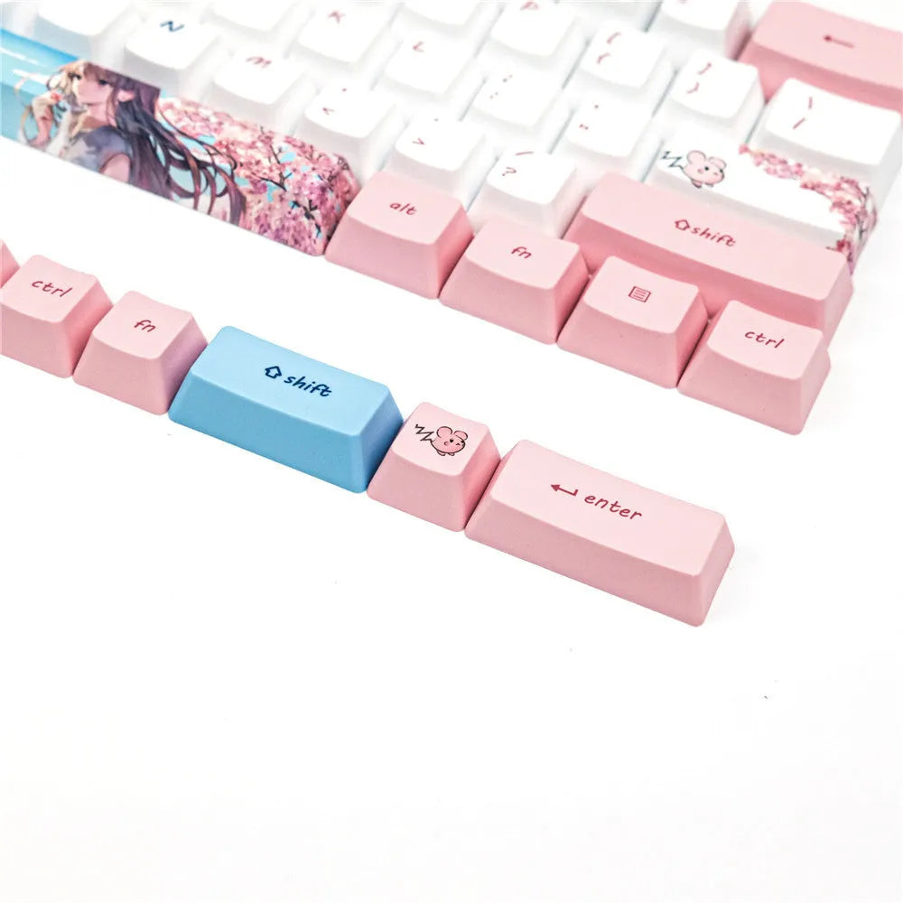 Pink cartoon animation keycaps with cherry blossom design for GK61 mechanical keyboard
