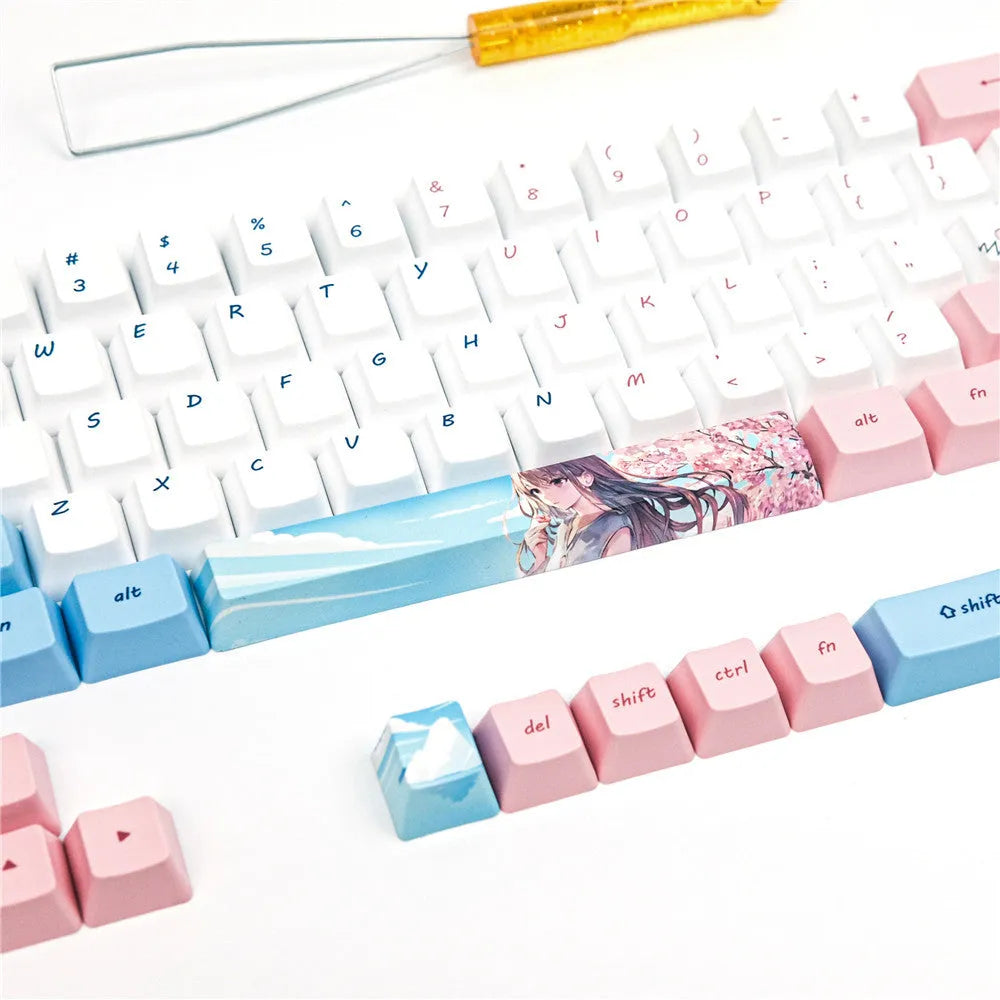 Pink cartoon animation keycaps with cherry blossom design for GK61 mechanical keyboard