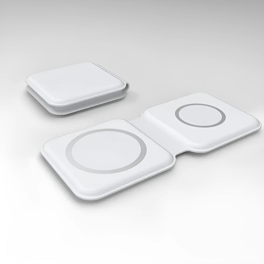 White folding dual magnetic wireless charging dock showing 180-degree angle adjustment.
