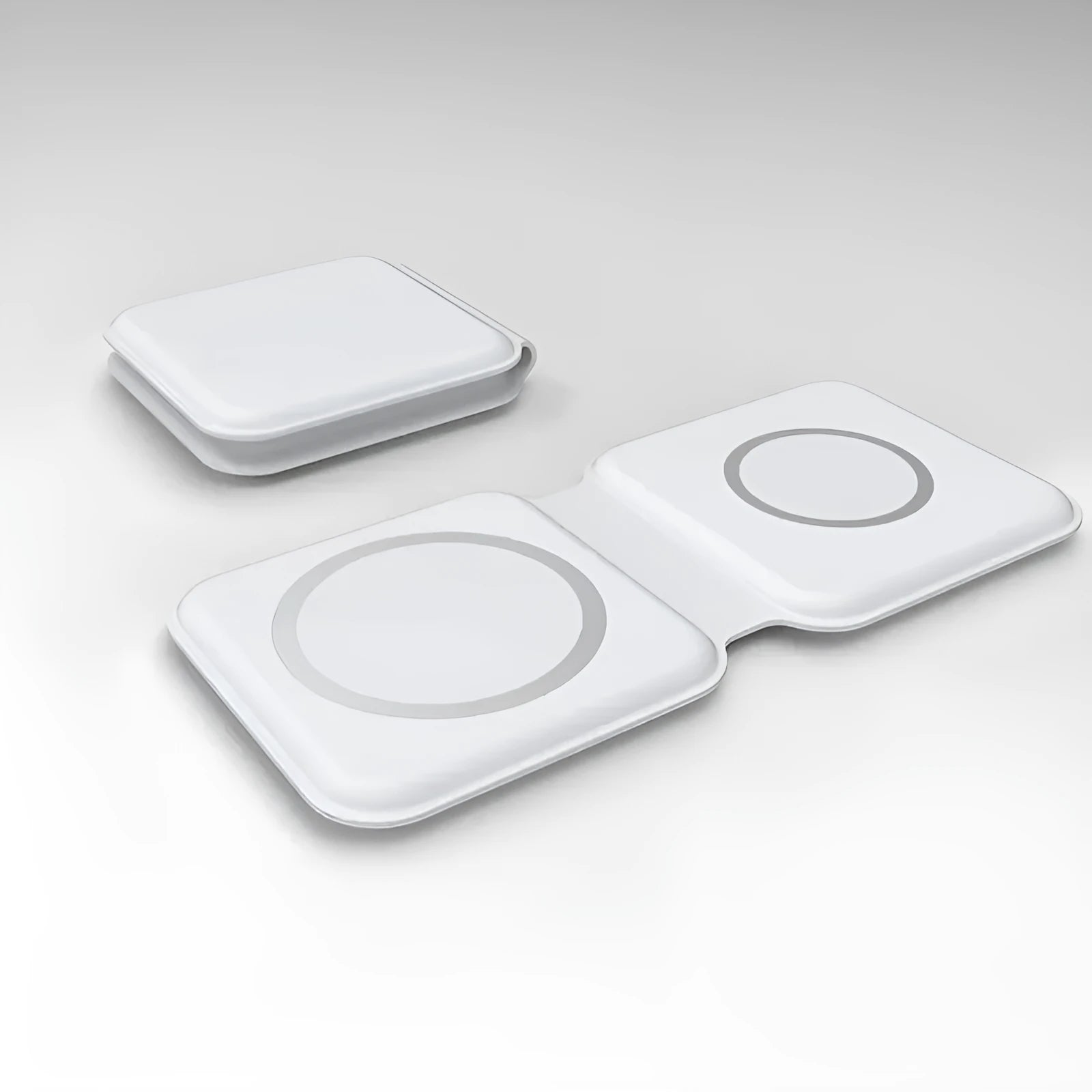 White folding dual magnetic wireless charging dock showing 180-degree angle adjustment.