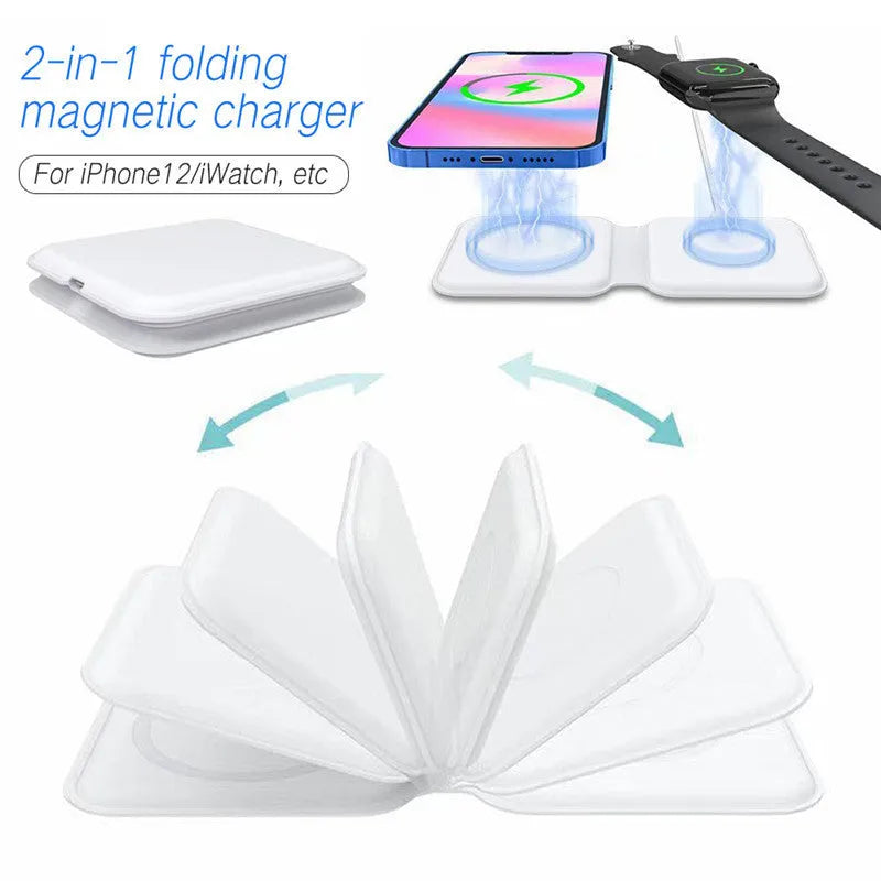 White folding dual magnetic wireless charging dock showing 180-degree angle adjustment.